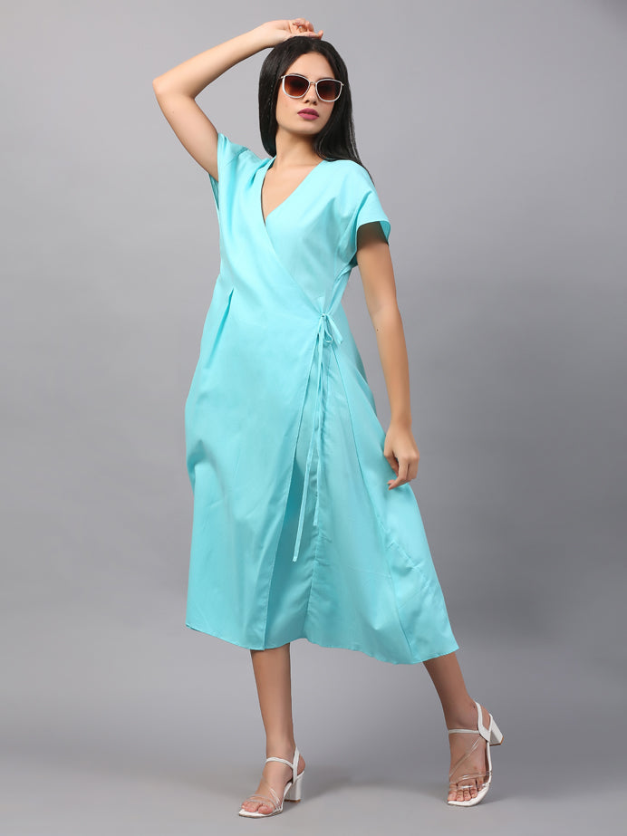 POWDER BLUE KNOTTED OVERLAP FULL DRESS