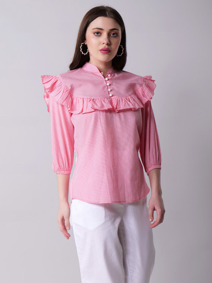 Ruffled Collar Striped top