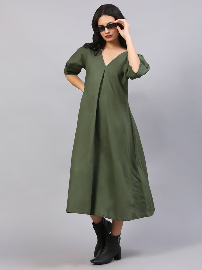 OLIVE GREEN BOX PLEAT DRESS