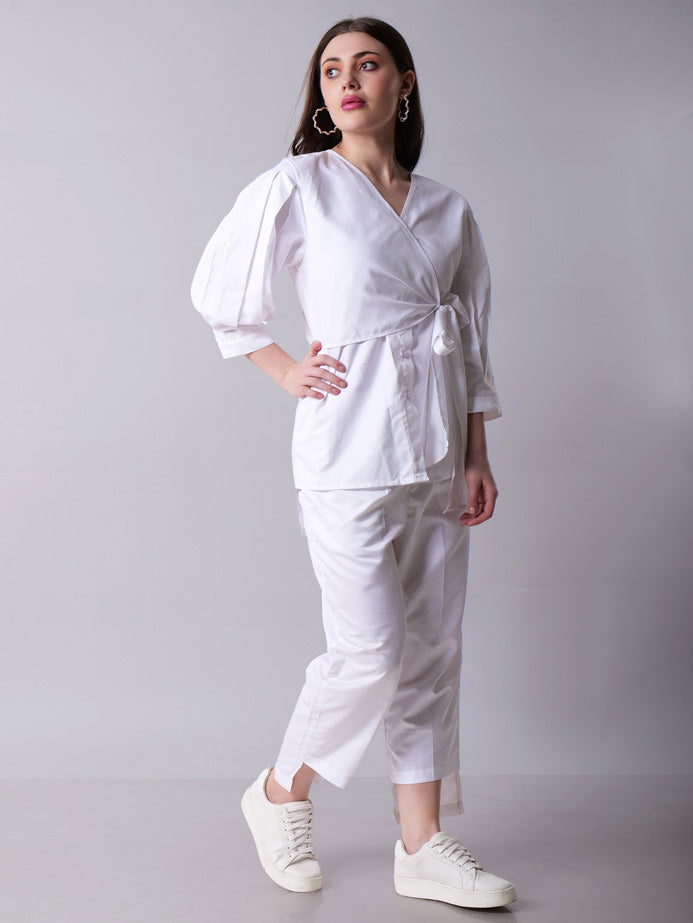 Wrap top paired with pants