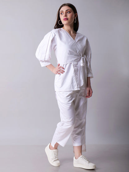 Wrap top paired with pants