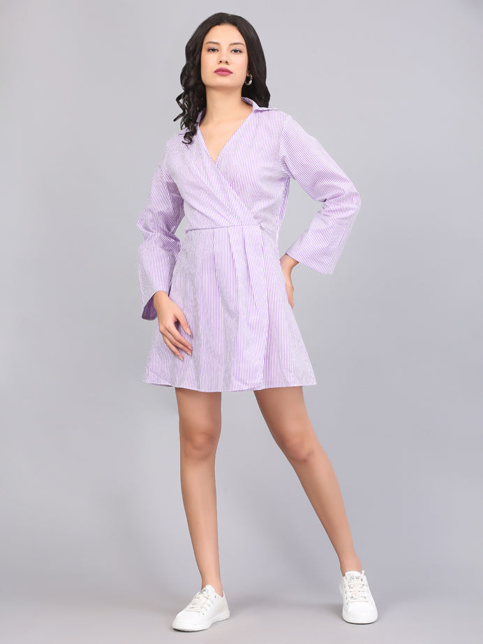COLLARED OVERLAP STRIPE SHIFT DRESS
