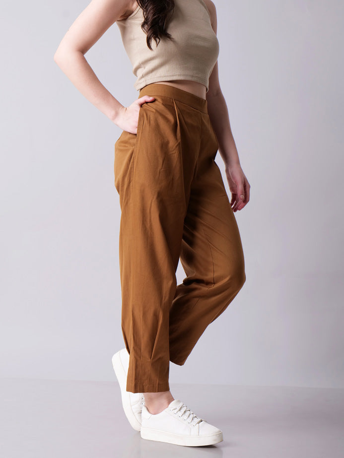 Camel Tapered Pants with Box Pleats