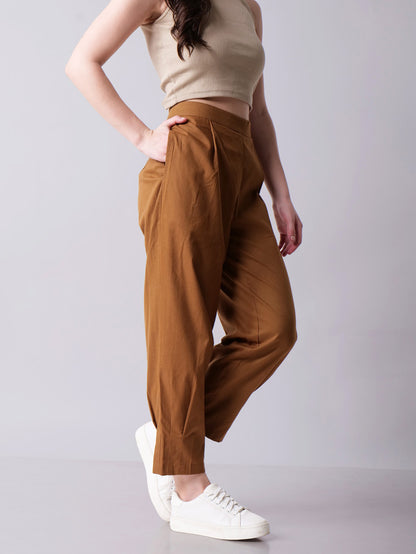 Camel Tapered Pants with Box Pleats