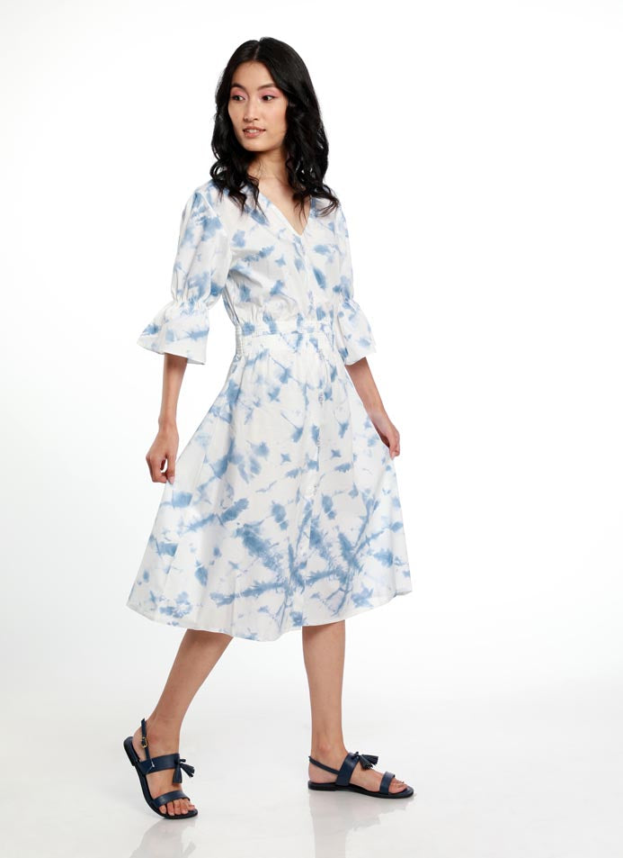 TIE & DYE BUTTON DOWN DRESS WITH ELASTICATED BELL SLEEVES