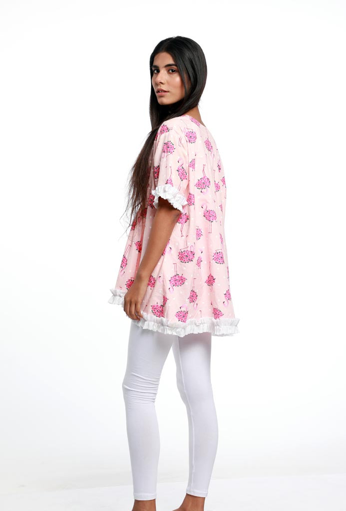 FLAMINGO CINCHED WAIST KAFTAN TOP. MADE IN COTTON