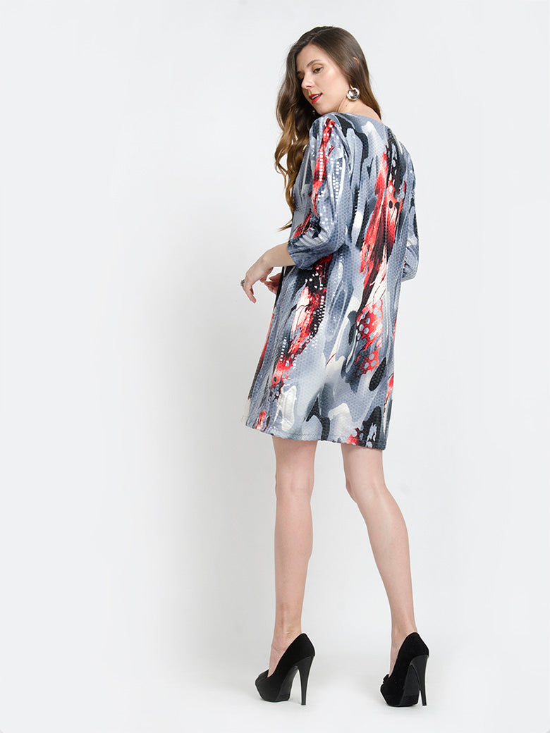 Hot Party Wear V Neck Slit Floral Long Sleeve Mini Dress