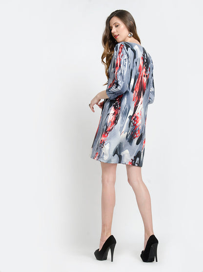 Hot Party Wear V Neck Slit Floral Long Sleeve Mini Dress