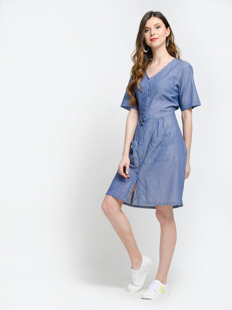 Short Sleeve V Neck Button Down Mini Dress with Pockets