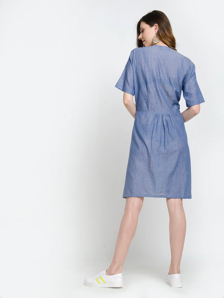 Short Sleeve V Neck Button Down Mini Dress with Pockets