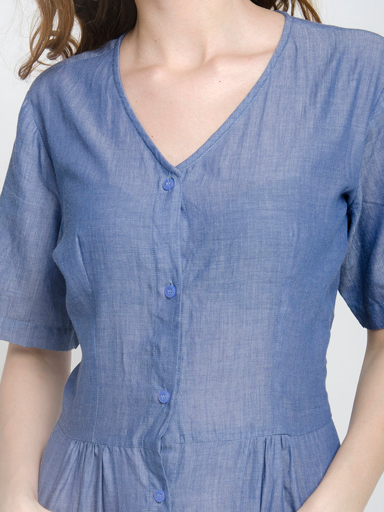 Short Sleeve V Neck Button Down Mini Dress with Pockets