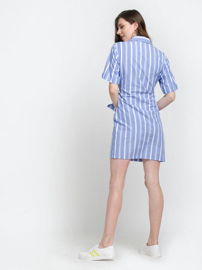 Short Sleeve Bowknot Belt Stripe Shirt Dress