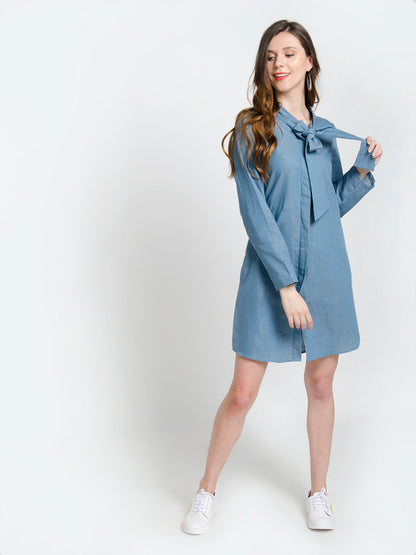 Denim Blue Full Sleeves Bow Tie Neck Mini Dress