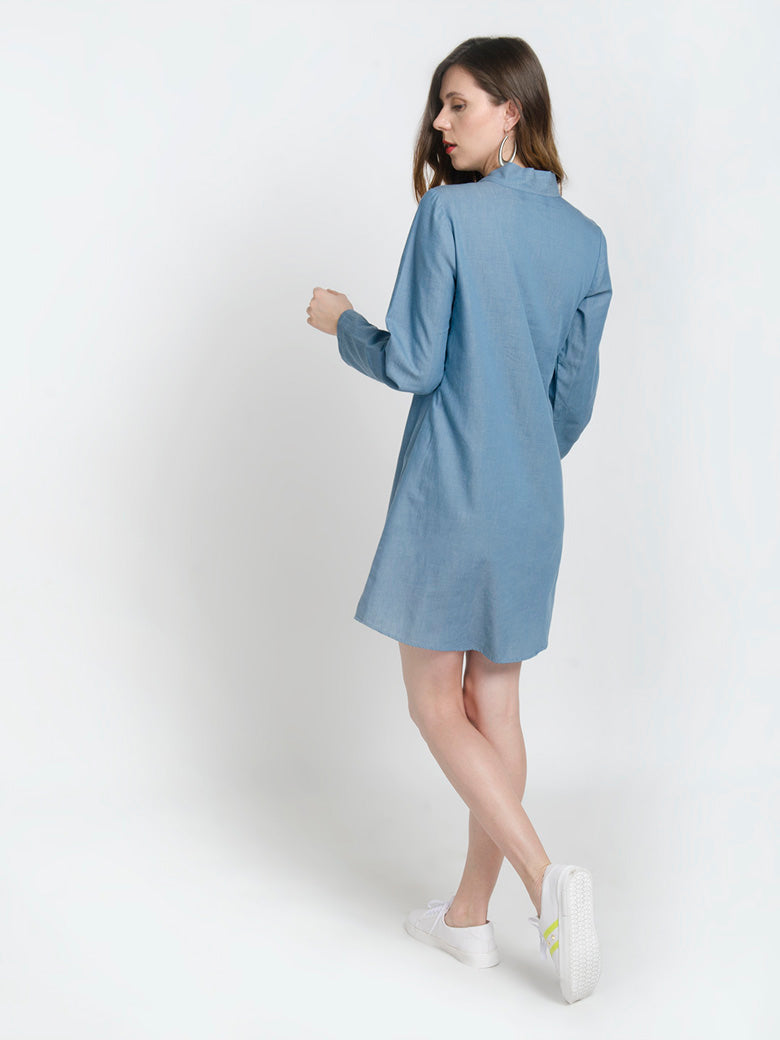 Denim Blue Full Sleeves Bow Tie Neck Mini Dress