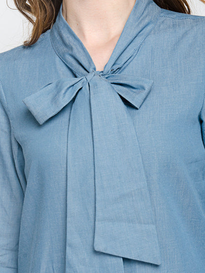 Denim Blue Full Sleeves Bow Tie Neck Mini Dress
