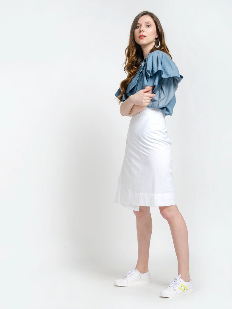Short Sleeves Front Ruffled Denim Blue Top