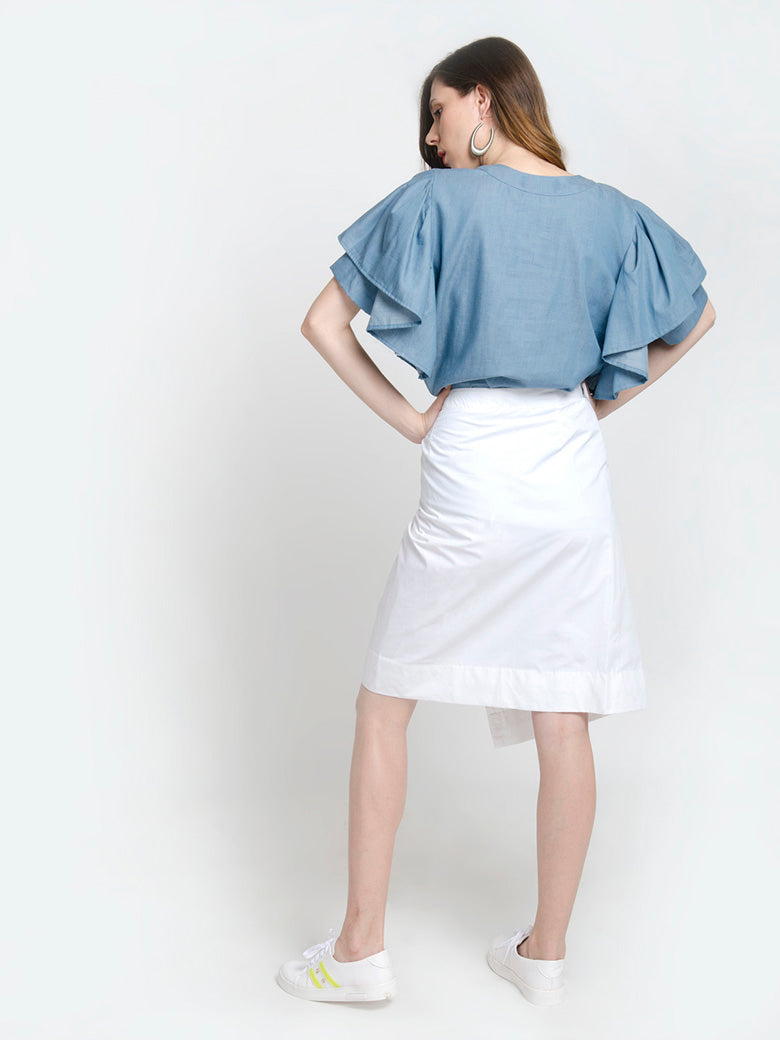 Short Sleeves Front Ruffled Denim Blue Top