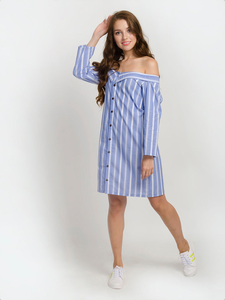 Striped Off the Shoulder Shirt Dress
