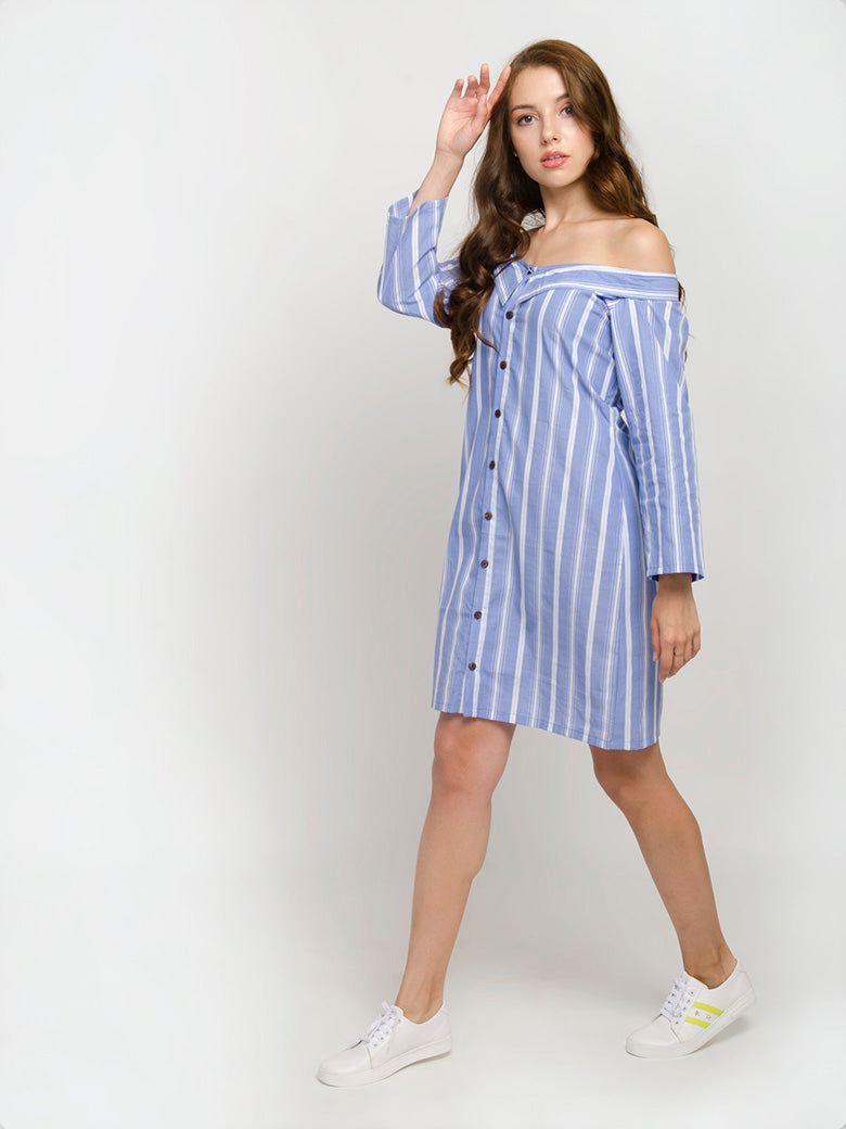 Striped Off the Shoulder Shirt Dress