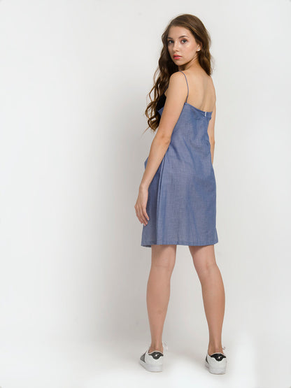 Denim Blue Spaghetti Strap Wrap Hemline Mini Dress