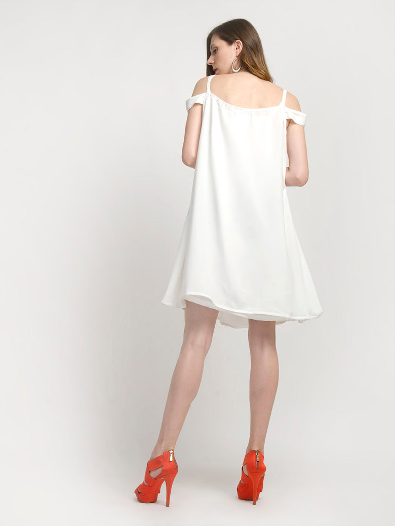 White Open Shoulder V Neck Mini Dress