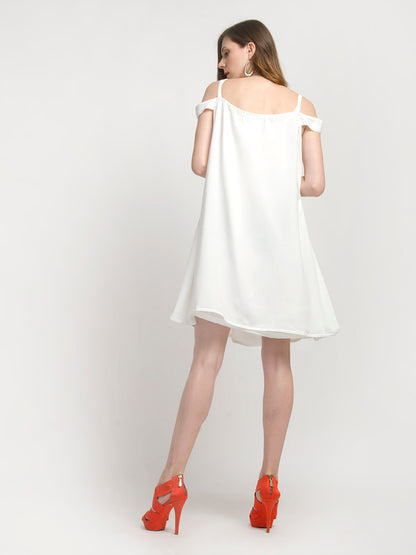 White Open Shoulder V Neck Mini Dress