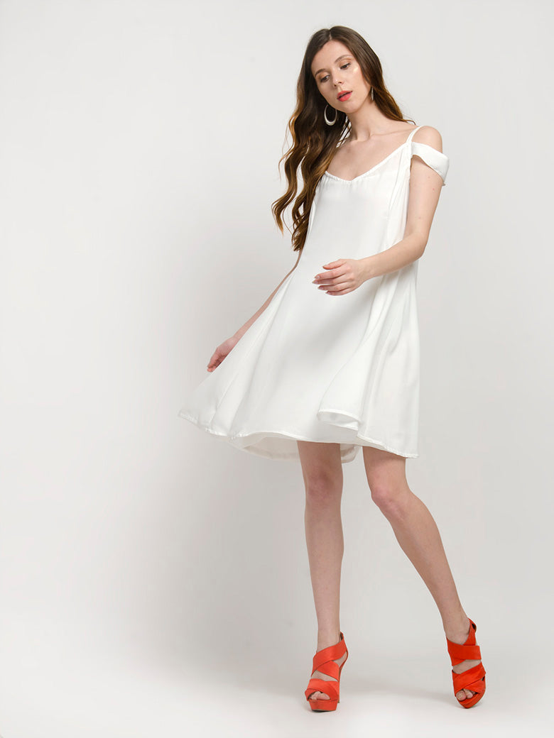 White Open Shoulder V Neck Mini Dress