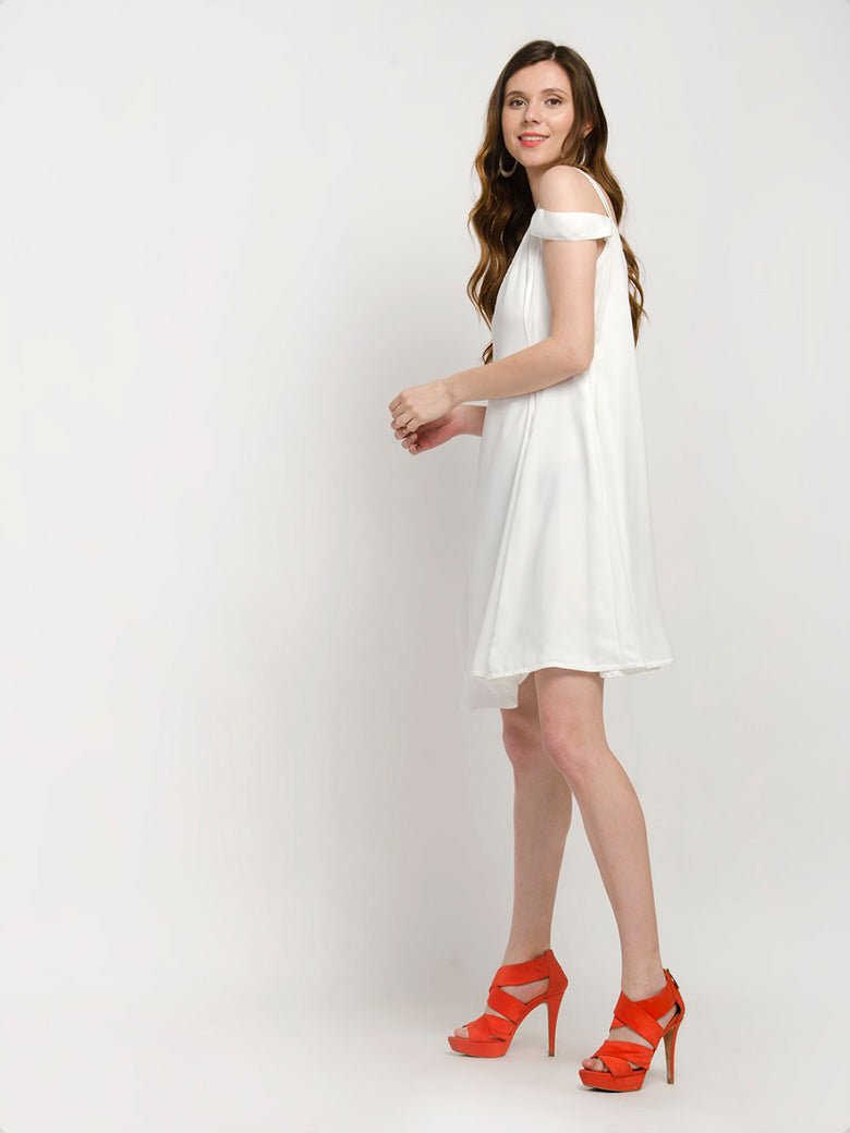 White Open Shoulder V Neck Mini Dress