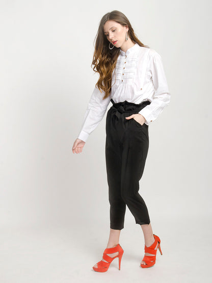 Womens Black Paper-Bag Pants