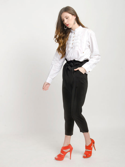 Womens Black Paper-Bag Pants