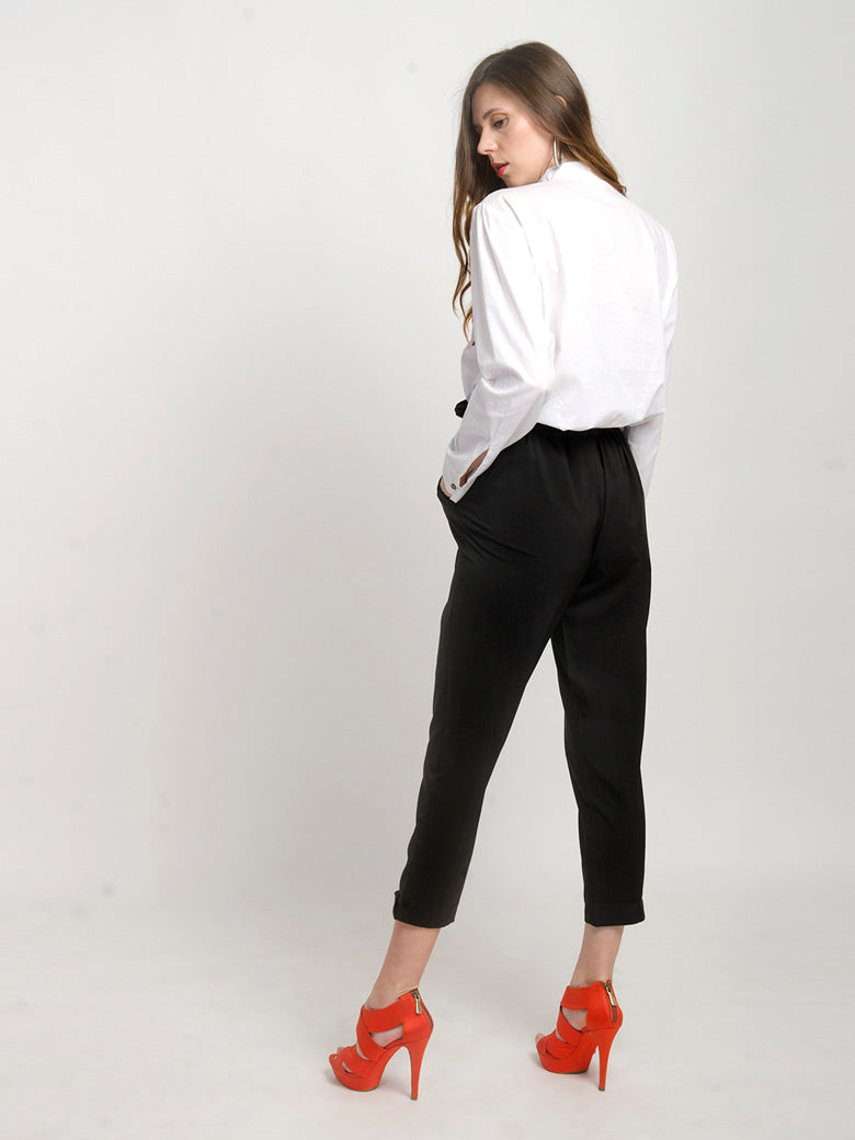 Womens Black Paper-Bag Pants