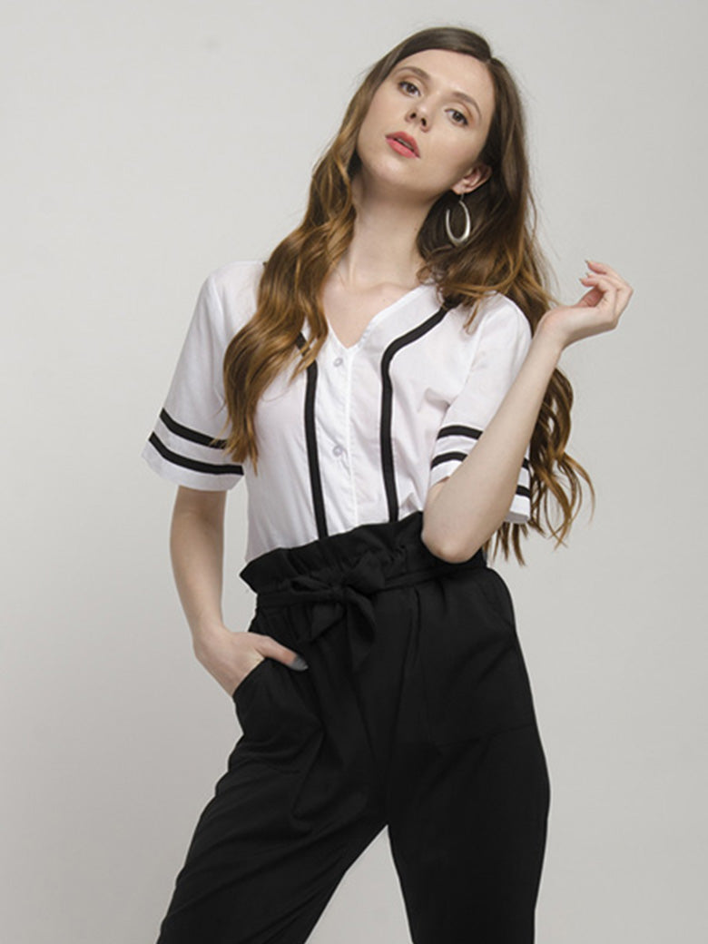 V-Neckline White Short Sleeve Shirt