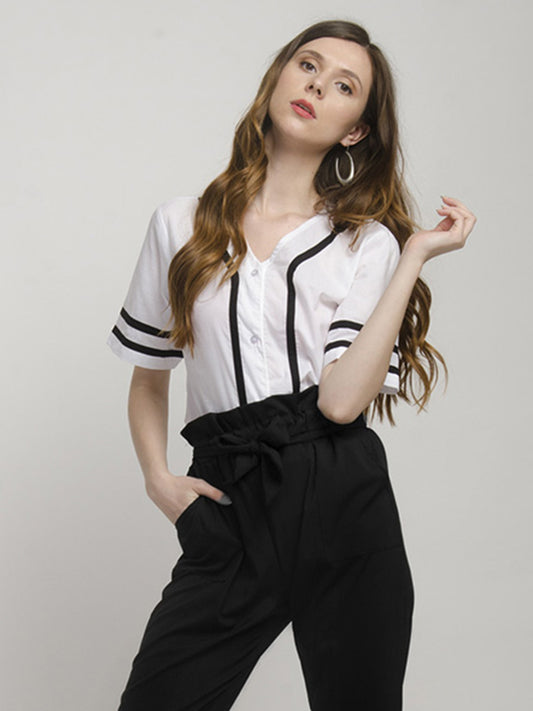 V-Neckline White Short Sleeve Shirt
