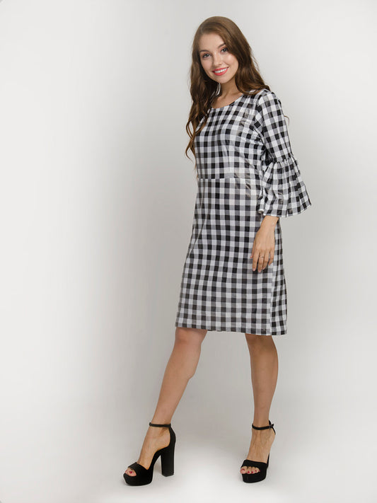 Black & White Checkered Round-Neck Bell Sleeve Gingham Pattern Midi Dress