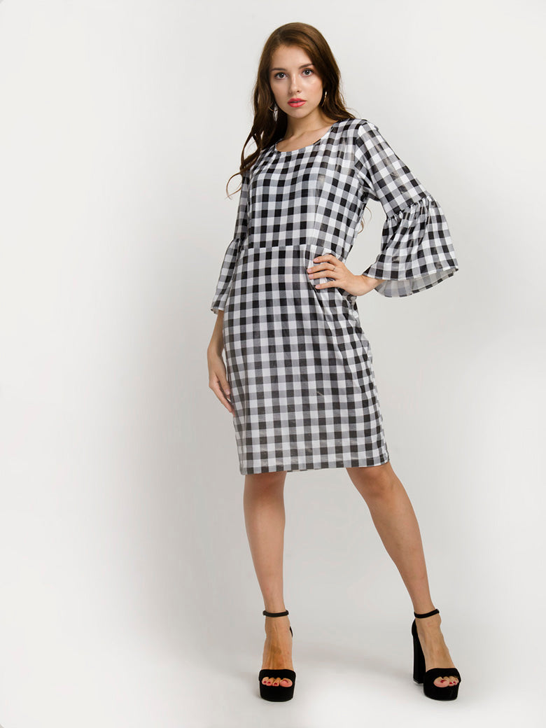Black & White Checkered Round-Neck Bell Sleeve Gingham Pattern Midi Dress