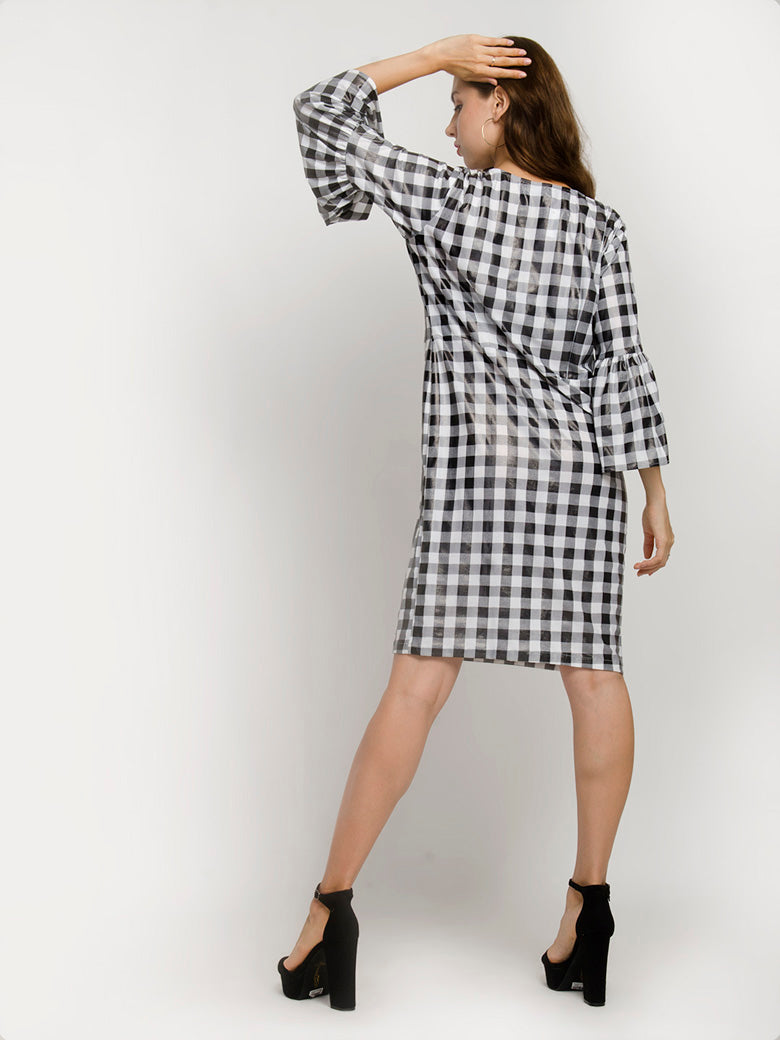 Black & White Checkered Round-Neck Bell Sleeve Gingham Pattern Midi Dress