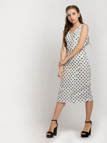 V-Neck Polka Dot Sleeveless Midi Dress