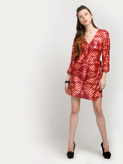 Long Sleeve V-Neck Zigzag Shift Dress