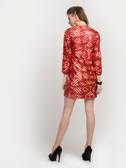 Long Sleeve V-Neck Zigzag Shift Dress