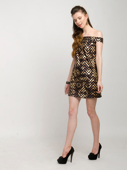 Zig Zag Black & Golden Off Shoulder Skater Dress