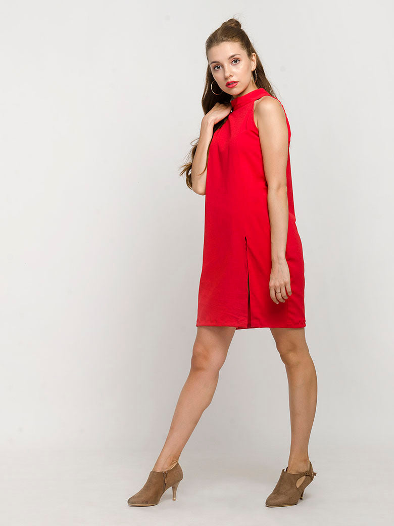 Red High Neck Split Sleevless Bodycon Dress
