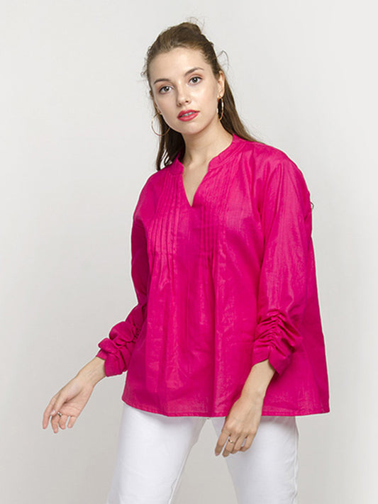 Magenta Mandarin-Collar Gathered-Sleeve Top