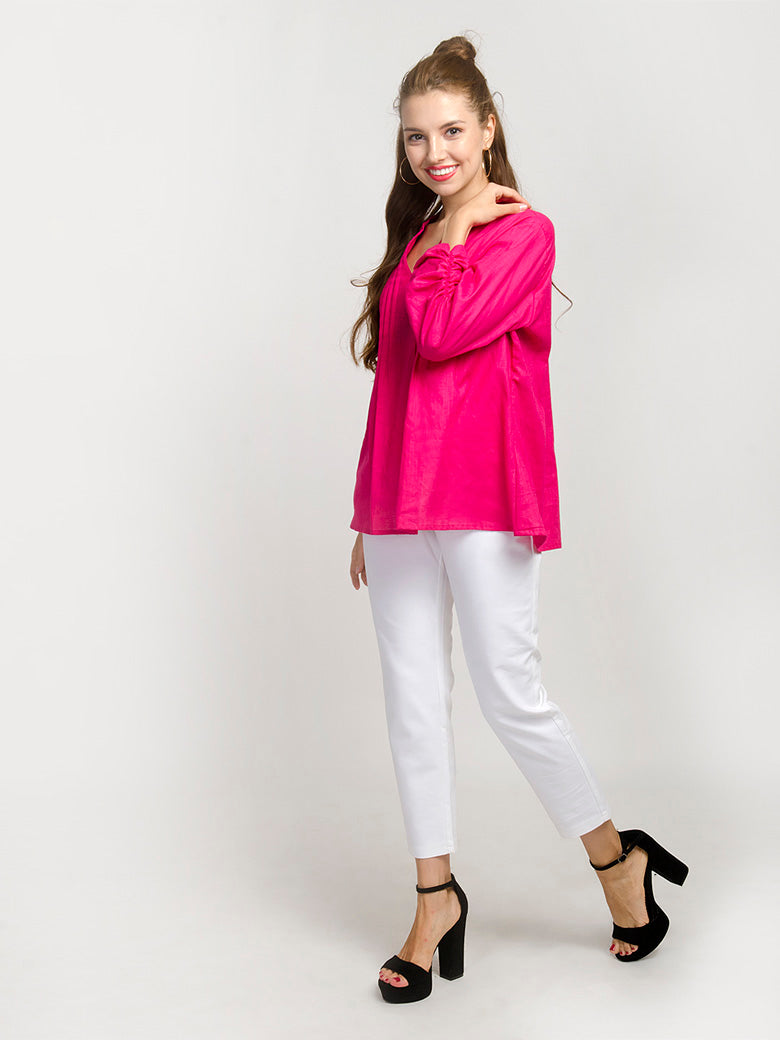Magenta Mandarin-Collar Gathered-Sleeve Top