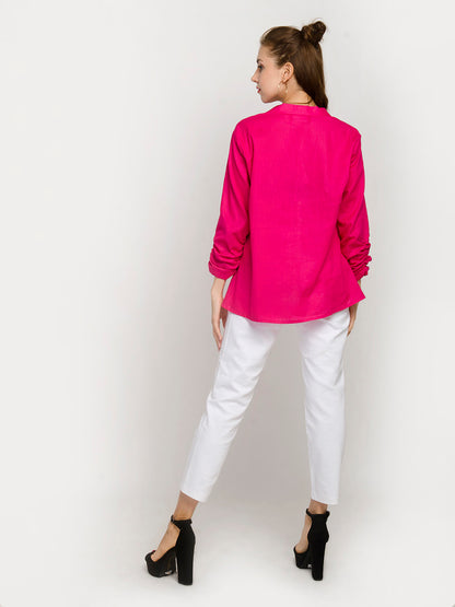 Magenta Mandarin-Collar Gathered-Sleeve Top