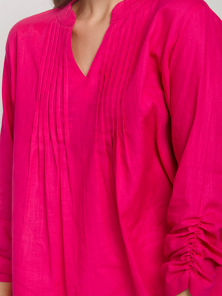 Magenta Mandarin-Collar Gathered-Sleeve Top
